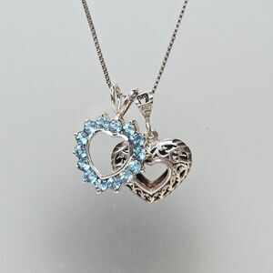 All 925 2 Open Heart Pendants on 18” Italy Box Chain  Filigree Blue Topaz 7.6gr